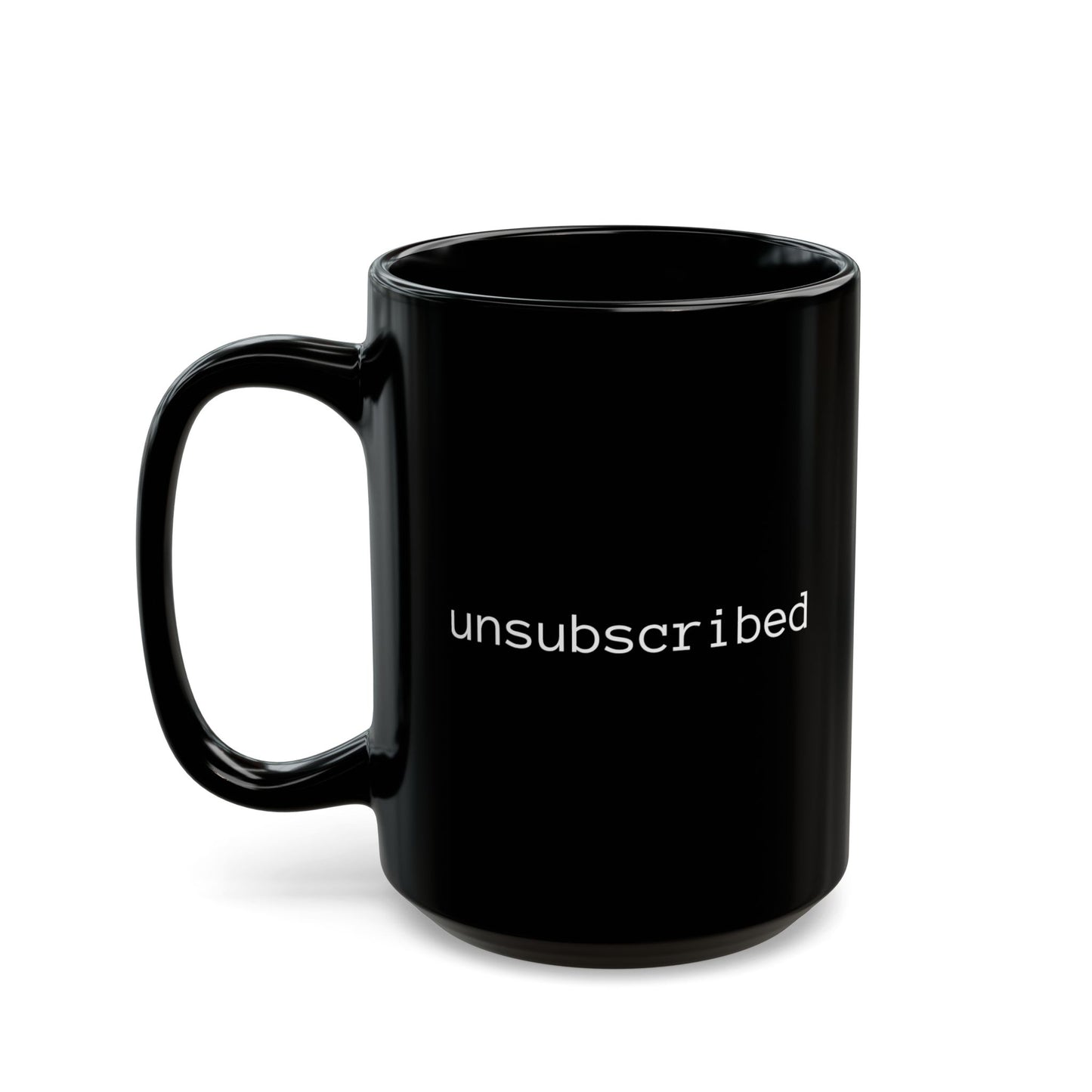 Black Coffee Mug — Minimalist 'scribed' Typewriter Text Design (11oz & 15oz)